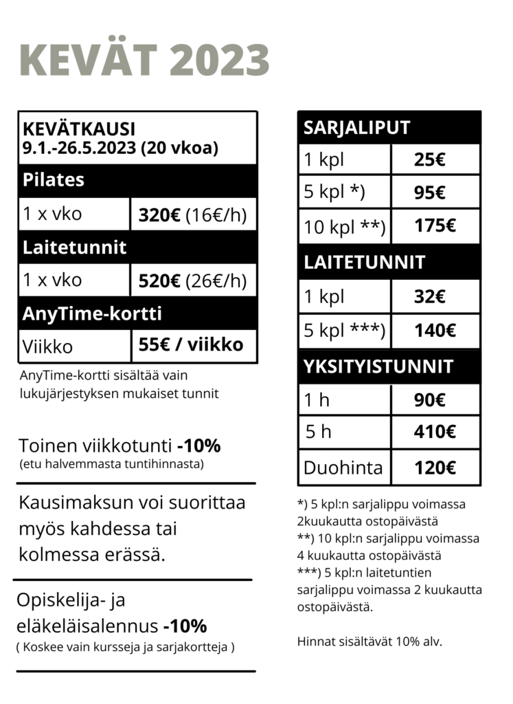 Pilates Mikkeli - Hinnasto-kevät-2023