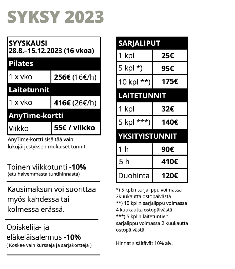 Pilates Mikkeli - Hinnasto syksy 2023
