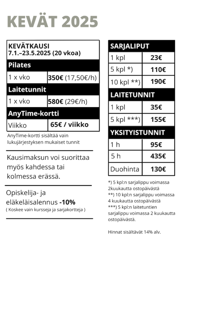 Pilates Mikkeli hinnasto kevät 2025