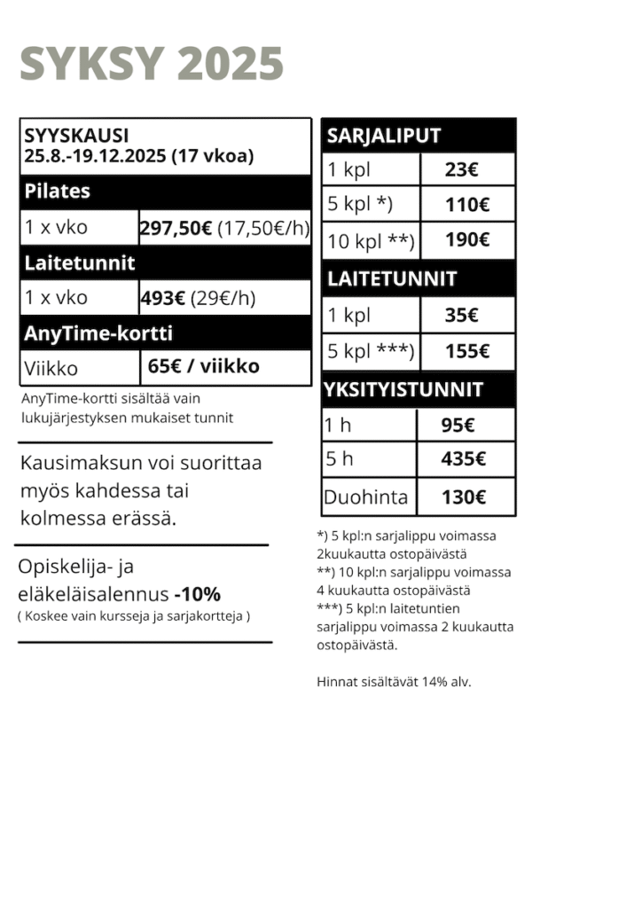 Pilates Mikkeli hinnasto syksy 2025