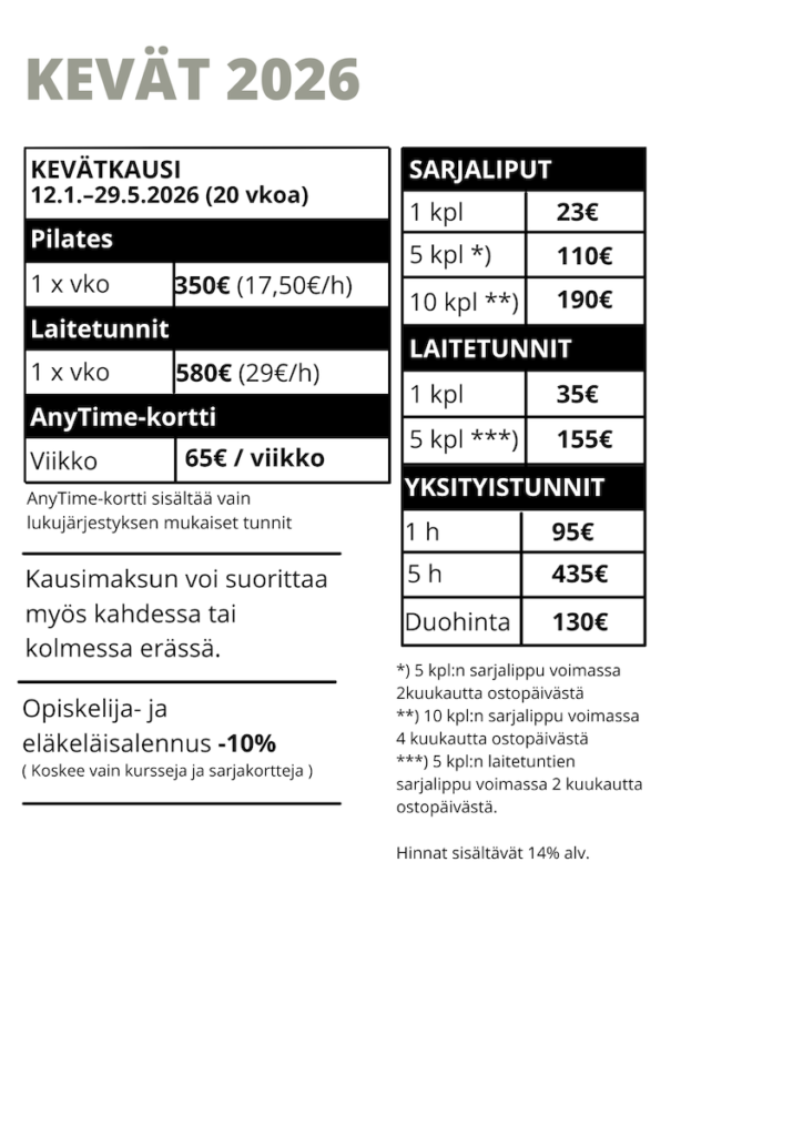 Pilates Mikkeli hinnasto kevät 2026