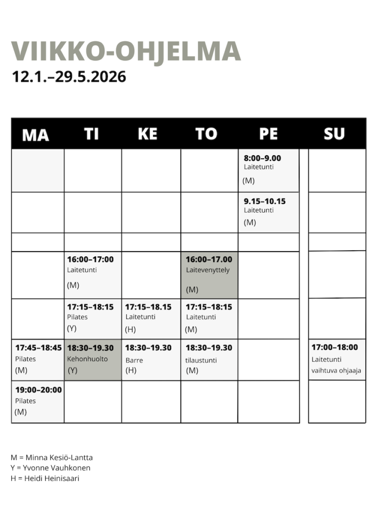 Pilates Mikkeli viikko-ohjelma kevät 2026