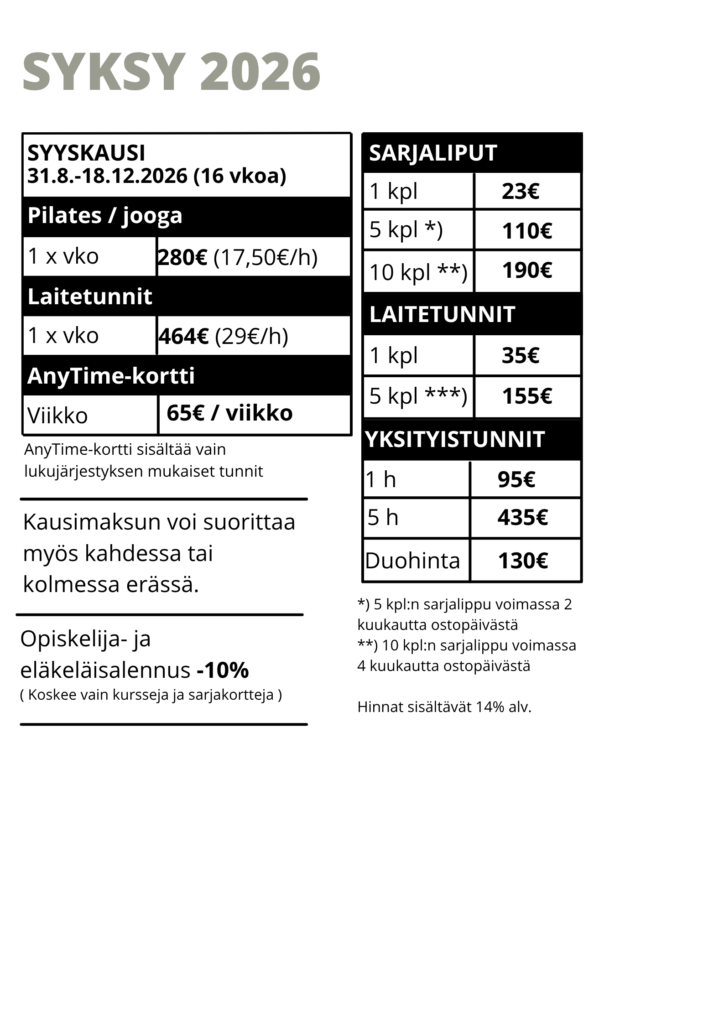 Pilates Mikkeli hinnasto syksy 2026